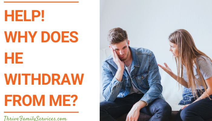 Orange text on a white background that reads "Help! Why Does He Withdraw From Me?" to the left of a photo of a seated couple who appear to be arguing. | Aurora Colorado Marriage Counseling