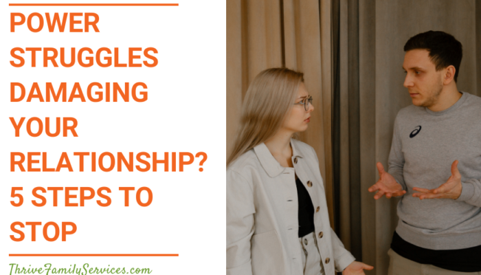 Orange text on a white background that reads "Power Struggles Damaging your Relationship? 5 Steps to Stop" to the left of a photo of a man and a woman arguing. | Denver Colorado Couples Therapy