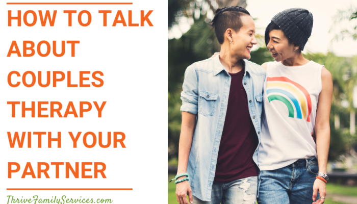 Orange text on a white background that reads "How to Talk About Couples Therapy With Your Partner" to the left of a photo of a queer Asian couple. | Greenwood Village Colorado Couples Therapy