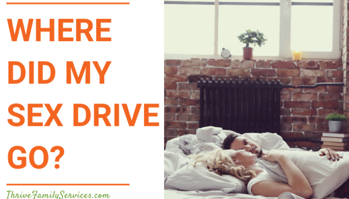 Orange text that reads "Where Did My Sex Drive Go?" to the left of a photo of a couple laying next to one another in a bed with white sheets. They are fully dressed and looking at one another. | Englewood Colorado Sex Therapy