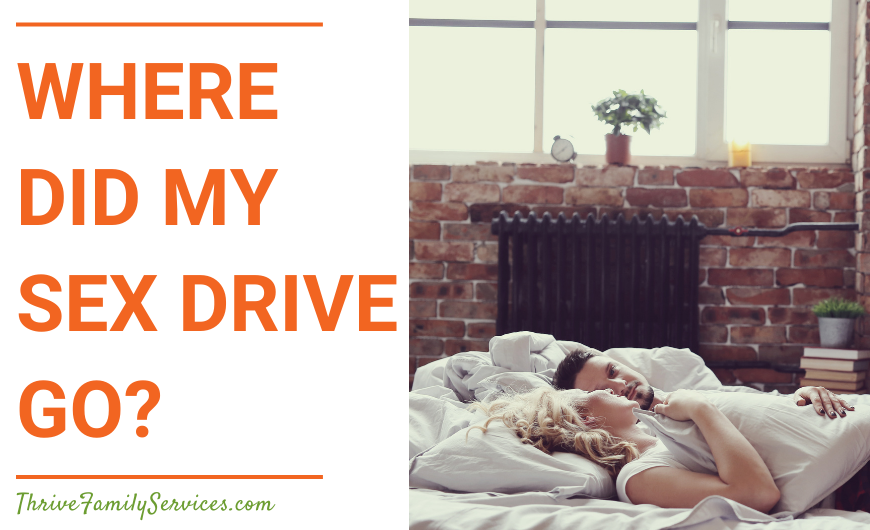 Orange text that reads "Where Did My Sex Drive Go?" to the left of a photo of a couple laying next to one another in a bed with white sheets. They are fully dressed and looking at one another. | Englewood Colorado Sex Therapy
