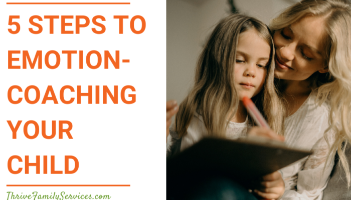 Orange text on a white background that reads "5 Steps to Emotion-Coaching Your Child" to the left of a photo of a white woman with a child in her lap. The child is drawing and they are both looking at the paper. | Greenwood Village Counseling for Parents and Relationship Counseling