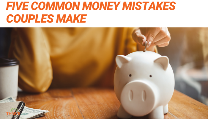 Orange text that reads "Five Common Money Mistakes Couples Make" above a photo of a woman (from the shoulders down) sitting at a wooden table, putting a coin into a white piggy bank. she's wearing a yellow sweater.