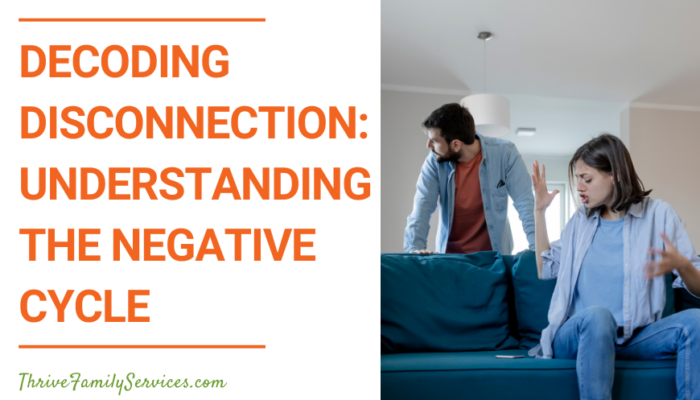 Text that reads Decoding Disconnection: Understanding the Negative Cycle" in orange next to a photo of a couple. The man stands behind the couch the woman is seated on. She is speaking and looks upset. He is looking away. (Lone Tree Colorado Couples Therapy)