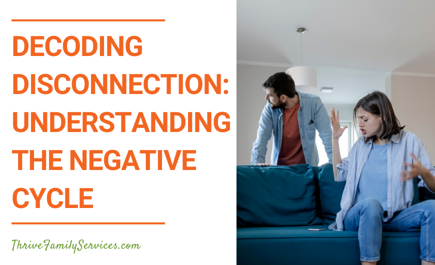 Text that reads Decoding Disconnection: Understanding the Negative Cycle" in orange next to a photo of a couple. The man stands behind the couch the woman is seated on. She is speaking and looks upset. He is looking away. (Lone Tree Colorado Couples Therapy)