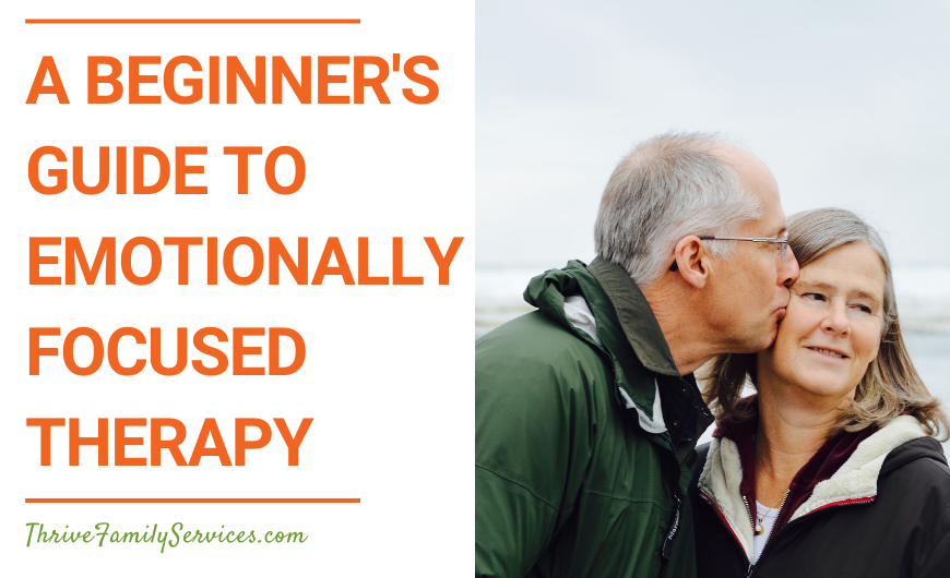 A graphic that is 50% text and 50% photo. Photo is on the right side, words on the left. Orange text on a white background reads "A Beginner's Guide to Emotionally Focused Therapy". The photo shows a middle aged while couple on a beach. they are wearing jackets. the man is kissing the woman on the cheek and she is looking off camera. | Emotionally focused couples therapy Englewood CO