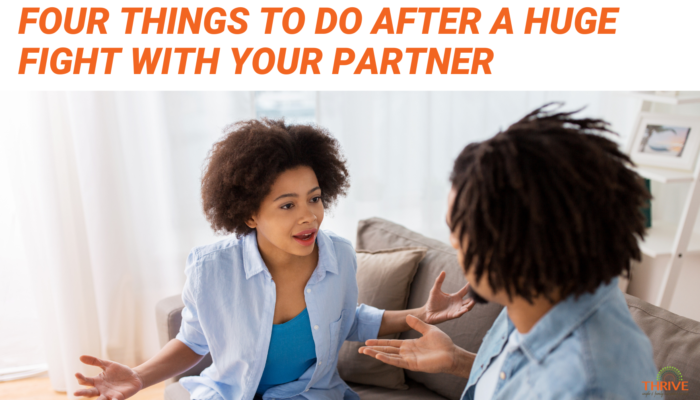 Orange text on a white background that reads "Four Things to Do After a Huge Fight With Your Partner" above a photo of a Black couple arguing. They are both wearing light blue. We can't see the man's face because his back is turned toward the camera. The woman is facing the man. They both have their arms in the air like they're using them to help speak.