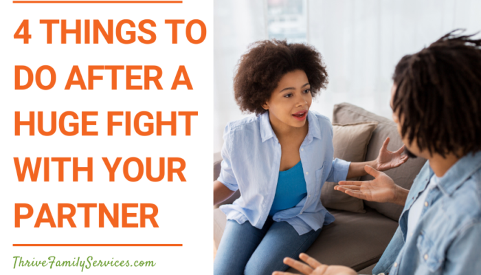 Orange text on a white background that reads "Four Things to Do After a Huge Fight With Your Partner" to the left of a photo of a Black couple arguing. They are both wearing light blue. We can't see the man's face because his back is turned toward the camera. The woman is facing the man. They both have their arms in the air like they're using them to help speak. | Englewood CO Couples Counseling