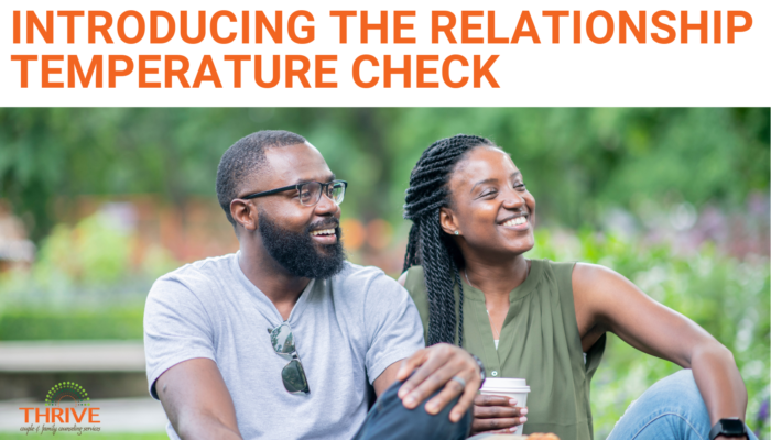 A graphic that reads "Introducing the Relationship Temperature Check" above a stock photo of a Black couple sitting on a bench outside, smiling. Couples Counseling in Centennial