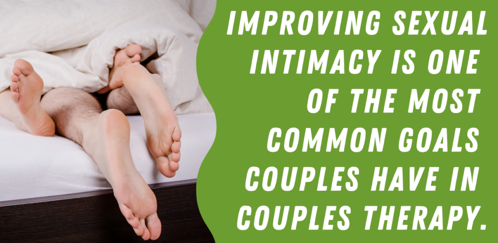 A graphic with white words on a wavy green background that reads "improving sexual intimacy is one of the most common goals couples have in couples therapy." Next to a photo of two pairs of white feet poking out of white blankets at the end of a bed. | Sex Therapy in Denver and Centennial