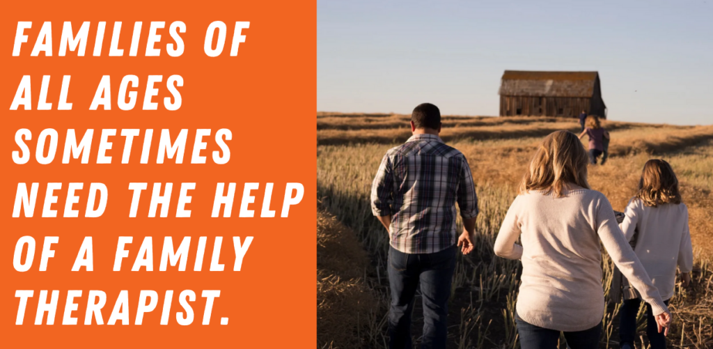 Graphic that reads "Families of all ages sometimes need the help of a family therapist." to the left of a stock photo of a family (man, woman, 2 small kids) walking in a prairie type field toward a tall cabin in the background. | Expert Family Therapy in Centennial Colorado