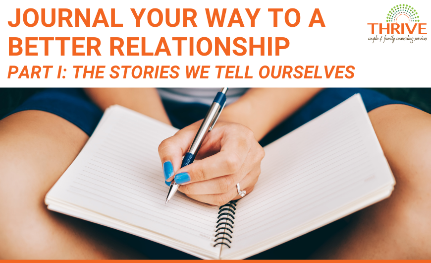 A graphic that reads "Journal Your Way to a Better Relationship Part I: The Stories We Tell Ourselves" in orange text above a stock photo of a white woman's lap with a journal on it. She is writing in the journal. | Improve Communication Couples Counseling Englewood Colorado