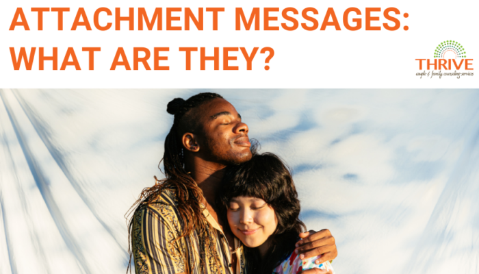 A graphic that reads "Attachment Messages: What Are They?" Above a stock photo of a Black person and an Asian person hugging in front of a cloud backdrop. Both people appear to be nonbinary or queer presenting. | Centennial Colorado Couples Therapy