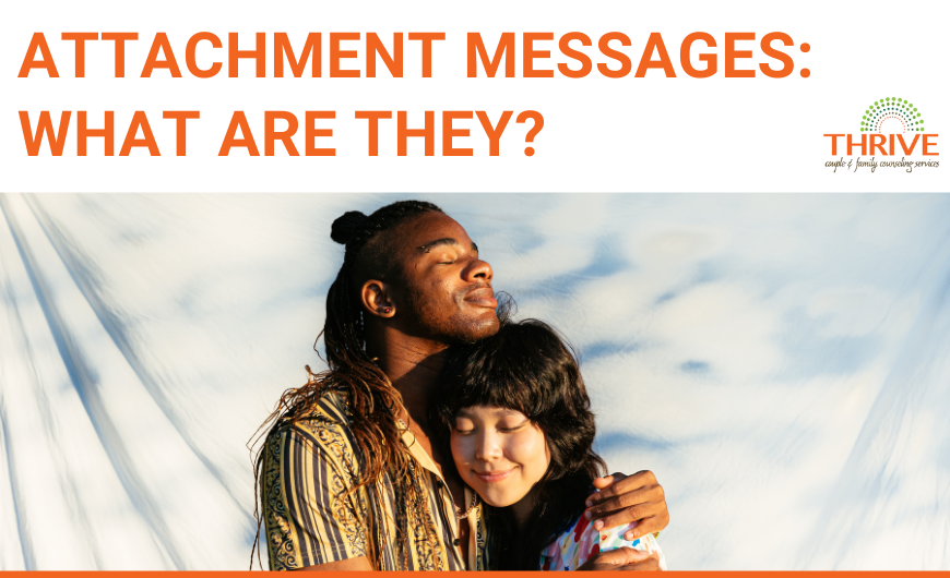 A graphic that reads "Attachment Messages: What Are They?" Above a stock photo of a Black person and an Asian person hugging in front of a cloud backdrop. Both people appear to be nonbinary or queer presenting. | Centennial Colorado Couples Therapy