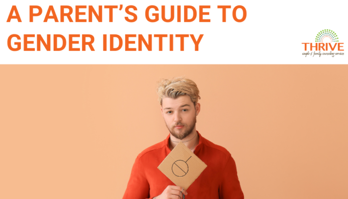 A graphic that reads "A Parent's Guide to Gender Identity" above a stock photo of a gender expansive person dressed in orange, standing in front of an orange background, holding a cardboard sign with the symbol meaning agender. | LGBTQ Teen and Family Counseling Centennial Colorado