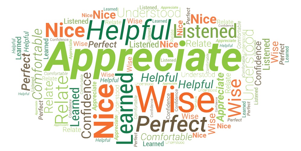 A word cloud made up of orange, light green, dark green, and brown text of various sizes that describes Melanie Klinke, a Couple and Family Graduate Intern at Thrive Family and Couples Counseling Services in Centennial Colorado.