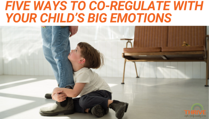 A graphic that reads "five Ways to Co-regulate With Your child’s Big Emotions" in orange text above a stock photo of a white child grabbing their parent's leg during a tantrum. In the bottom right corner is the logo for Thrive Couple & Family Counseling Services.