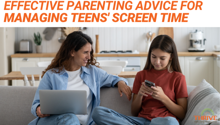 A graphic that reads "Effective Parenting Advice for Managing Teens’ Screen Time" in dark orange text above a stock photo of a white mother and teen child sitting on the couch. The mother has a laptop on her lap and the daughter is holding and looking at a phone.