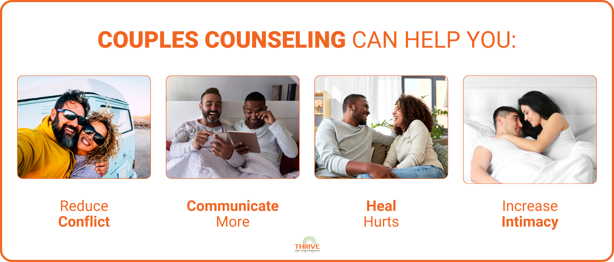 Couples Counseling at Thrive Couple and Family Counseling Services in Centennial can help you reduce conflict, heal hurts, communicate more, and increase intimacy.